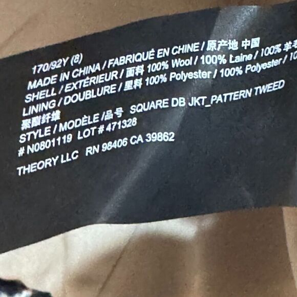 Theory Houndstooth Check Crop Wool Blazer Jacket Size 8 Black Grey Cream Tan - Picture 9 of 10